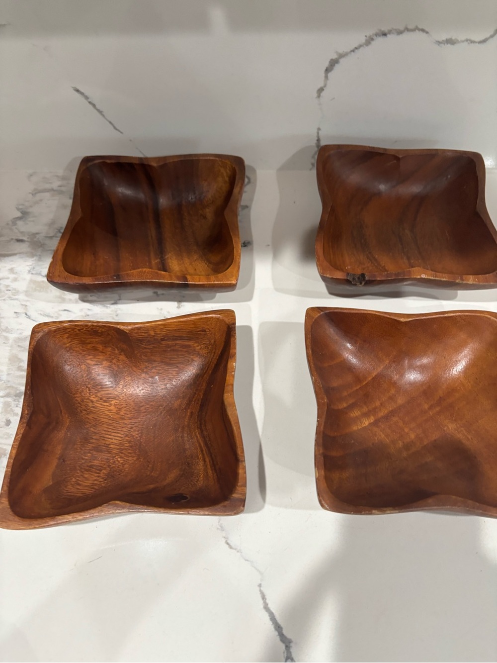 Vintage Handcrafted Brown Wooden Square Serving Bowls - Set of 4